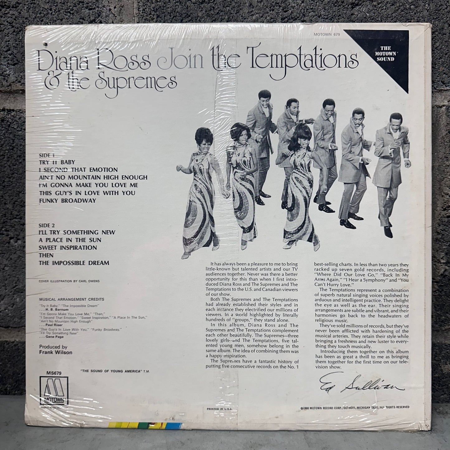 Back cover of a vinyl record featuring Diana Ross, The Temptations, and The Supremes on a gray background.