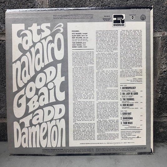 The back cover of the Tadd Damon 'Lats Navarro Good Bait' jazz record album on Riverside Records, photographed flat against a dark textured concrete background.