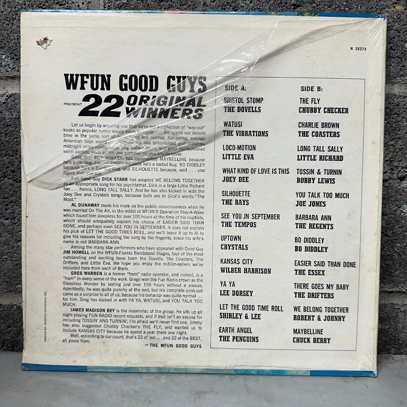 Back cover of a vinyl record with track listings and text on a gray surface