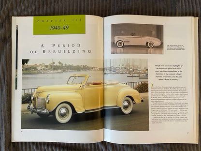 Open book showing a vintage yellow car and text about a period of rebuilding from 1940-49.