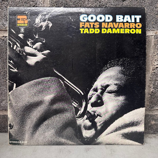 A vinyl record album cover for 'Good Bait' by Fats Navarro and Tadd Dameron, released by Othello Records. The cover features a black-and-white close-up photograph of a saxophone player with the title text in white, orange, and yellow at the top, set against a textured gray brick background.