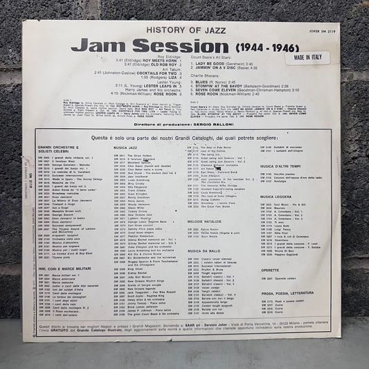 The back cover of the 'Jam Session (1944 - 1946)' vinyl record album by History of Jazz, featuring a white background with black text and a gray 'Made in Italy' sticker, photographed on a dark textured surface.