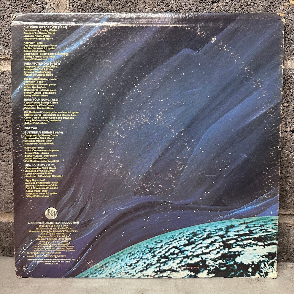 The back cover of a vinyl record sleeve for 'Children of Nature' by The Who, featuring a dark blue aurora over a green and white textured landscape under a starry sky, photographed leaning against a gray brick wall.