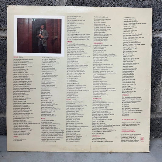 Vinyl record sleeve with text and a small photo of a person against a textured wall.