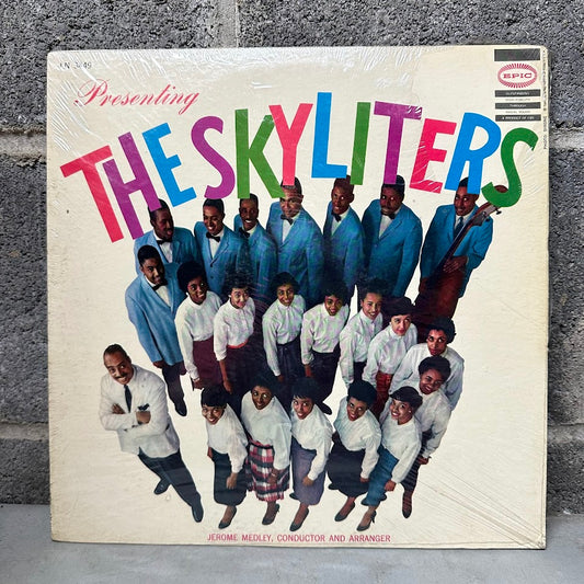 Vinyl record cover featuring The Skyyliters with colorful text and a group photo on a textured surface.