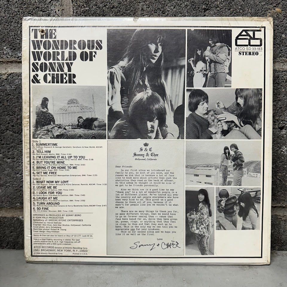 Album cover for 'The Wondrous World of Sonny & Cher' with black and white photos and text.