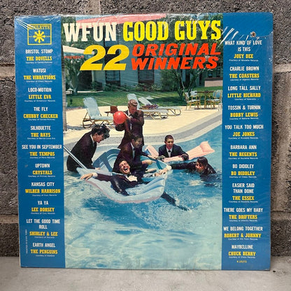 Vinyl record cover with a pool party scene and text listing songs.