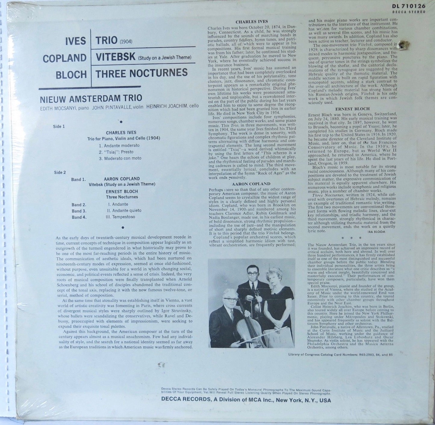 Ives, Copland, Bloch - Nieuw Amsterdam Trio ‎– Trio, Vitebsk, Three Nocturnes - Decca