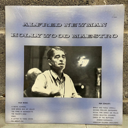 Album cover for 'Alfred Newman Hollywood Maestro' featuring a black and white photo of a man conducting a orchestra.