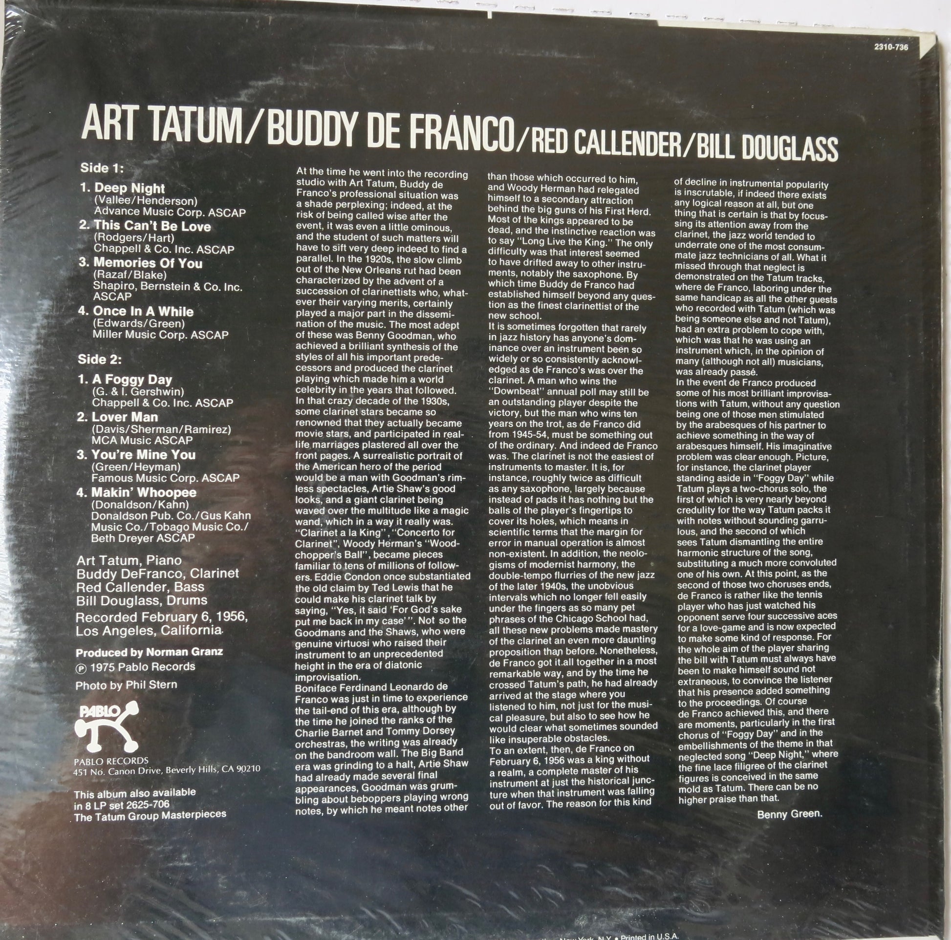 Art Tatum, Buddy De Franco*, Red Callender, Bill Douglass &lrm;&ndash; The Tatum Group Masterpieces | Vinyl Record by Pablo